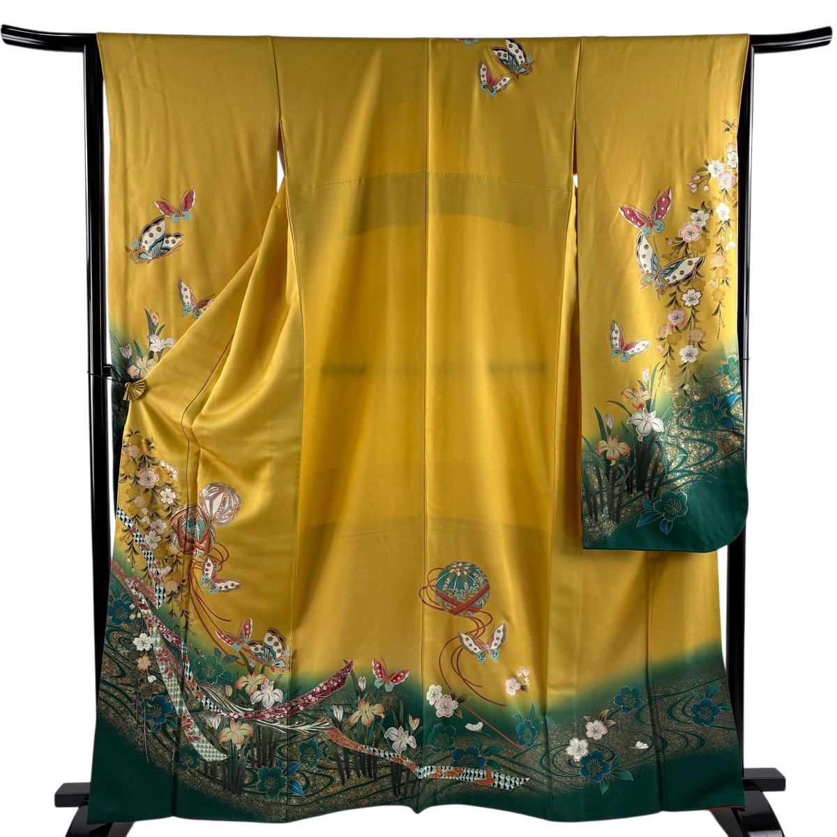 振袖 身の丈163珊 裄丈65珊 M 袷 手鞠 桜 金通し 現ナマ彩 山吹色 正絹 神品 【中古】