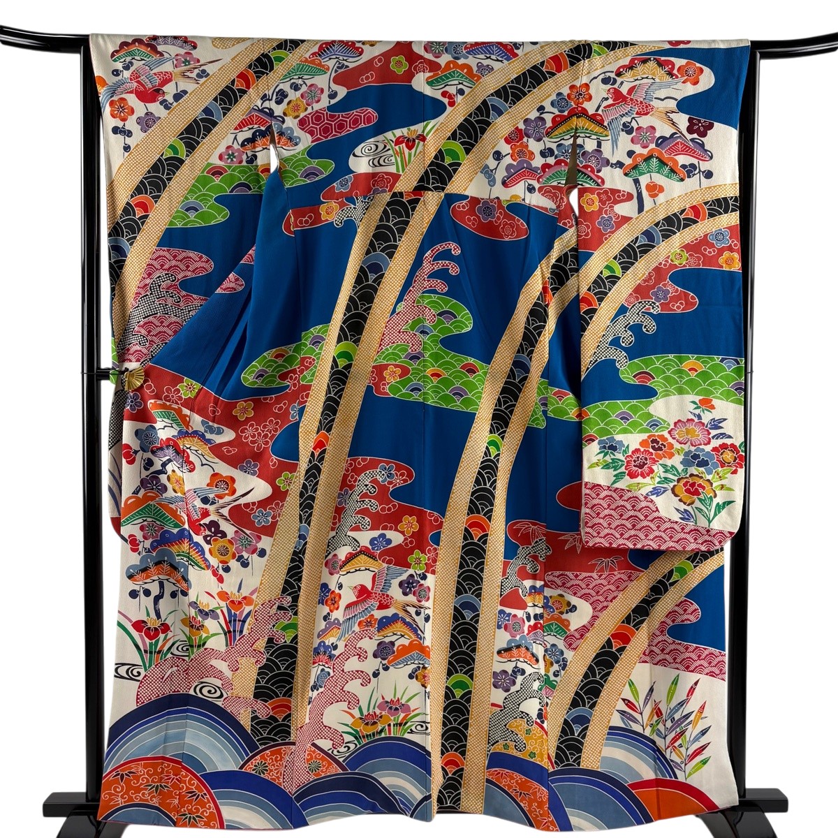 振袖 身の丈160珊 裄丈65珊 M 袷 松竹梅 波頭 青 正絹 神品 【中古】