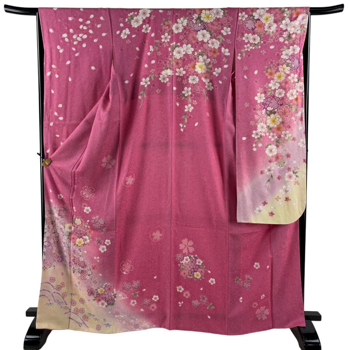 【美品】 振袖 身の丈166.5珊 裄丈65.5珊 M 袷 桜 花脣 金糸 ぼかし さくら色 正絹 神品 【中古】
