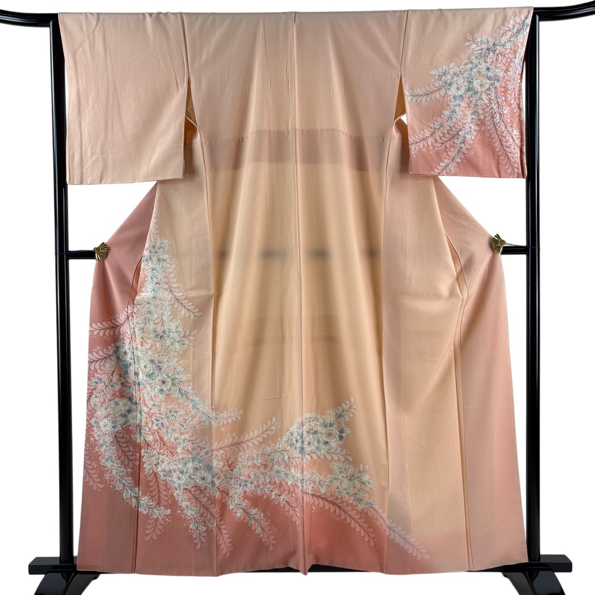 【美品】 短い訪問着 身の丈160珊 裄丈64.5珊 M 袷 辻が花 染め分け クレープ 薄オレンジ色 正絹 神品 【中古】