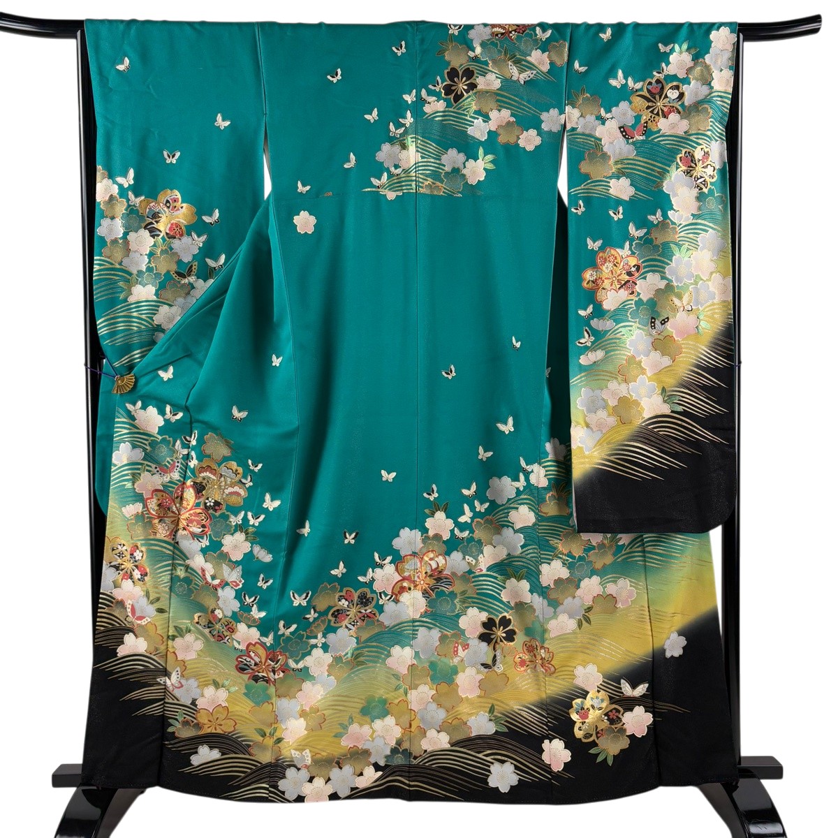 振袖 身の丈163珊 裄丈66珊 M 袷 桜 蝶 現ナマ彩 銀通し 青緑 正絹 神品 【中古】