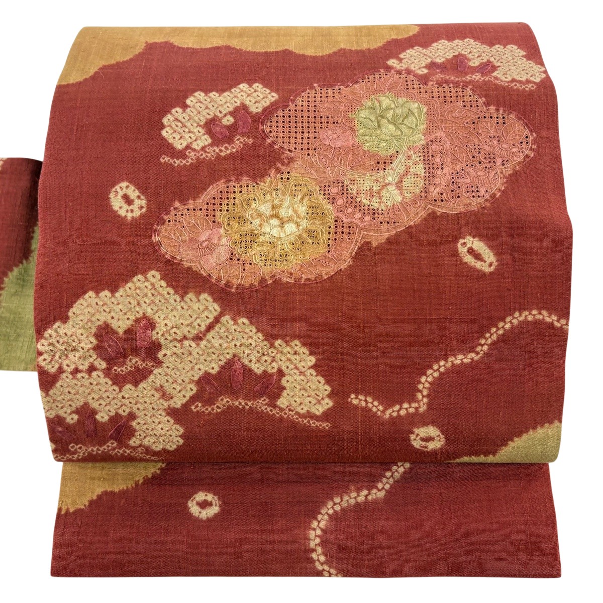 【美品】 名古屋帯 秀品 紬地 顕花植物 蝶 刺しゅう 赤茶 正絹 【中古】