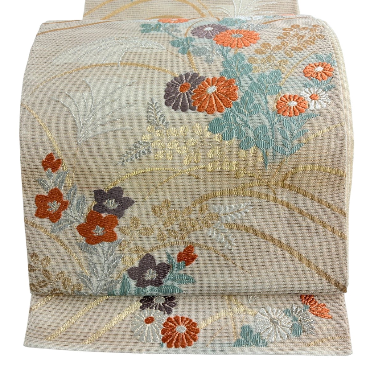 袋帯 秀品 夏帯 絽 関西仕立てもの 菊 すすき 銀糸 箔 ベージュ 六通 正絹 【中古】