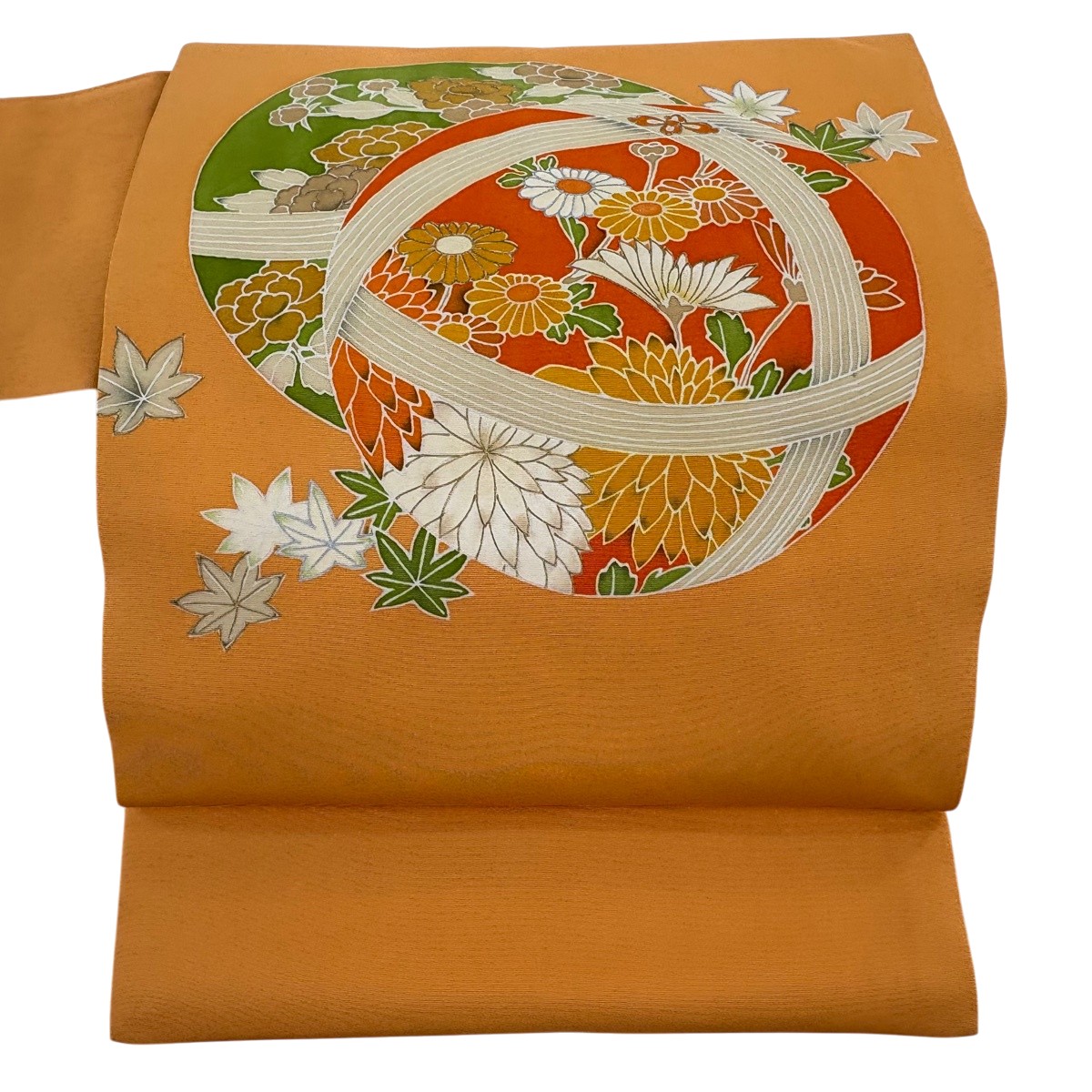 名古屋帯 珠玉 手鞠 顕花植物 現ナマ彩 薄オレンジ色 正絹 【中古】
