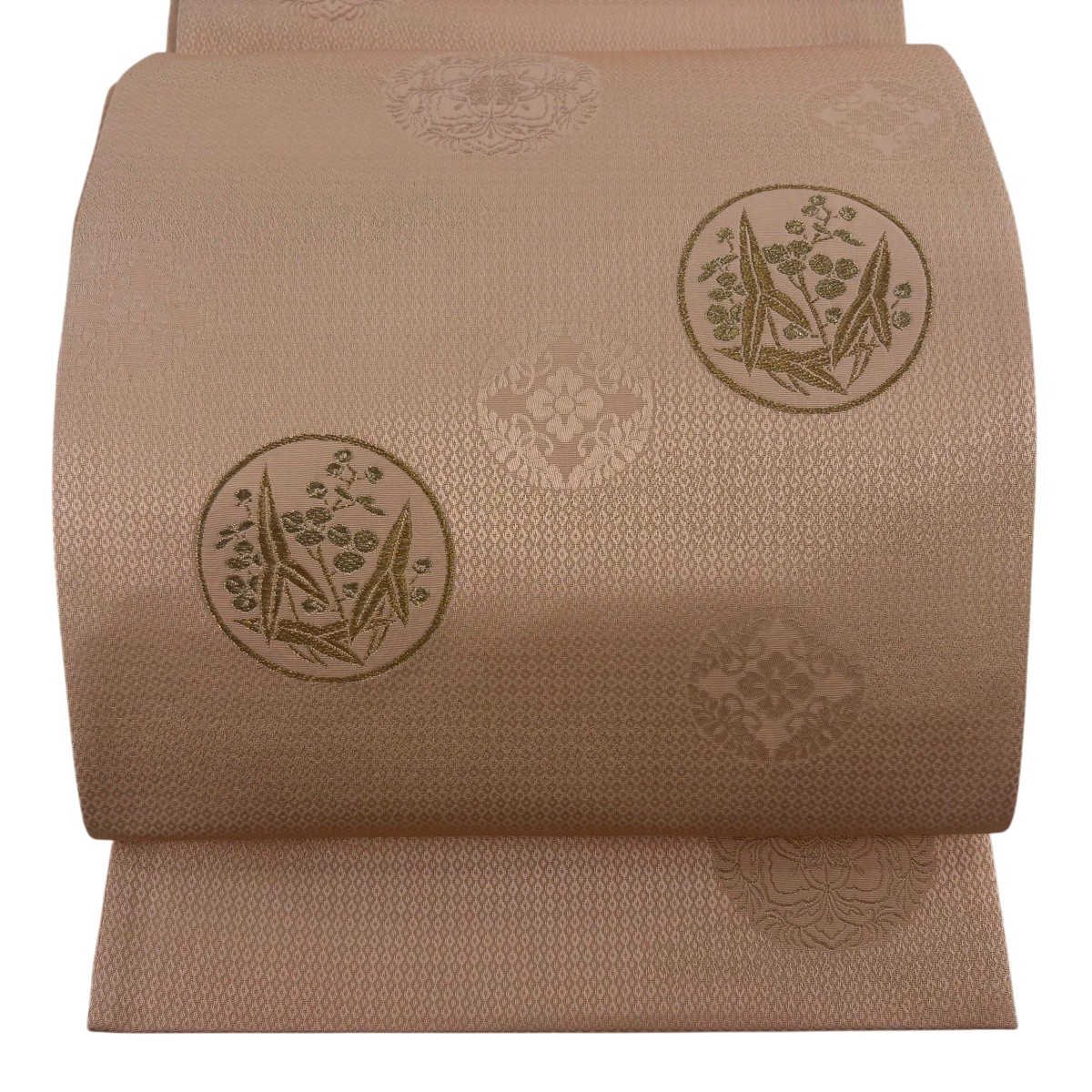 【美品】 袋帯 神品 葉柄 霞 金糸 秋味さくら色 お太鼓柄 正絹 【中古】