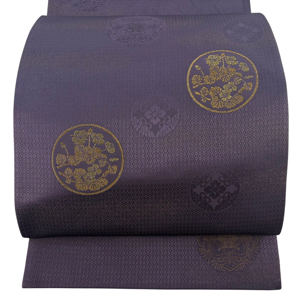 袋帯 神品 枝花 霞 金糸 紫 お太鼓柄 正絹 【中古】