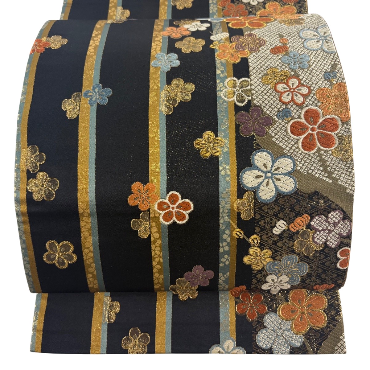 袋帯 神品 梅 縞 金糸 箔 黒 六通 正絹 【中古】