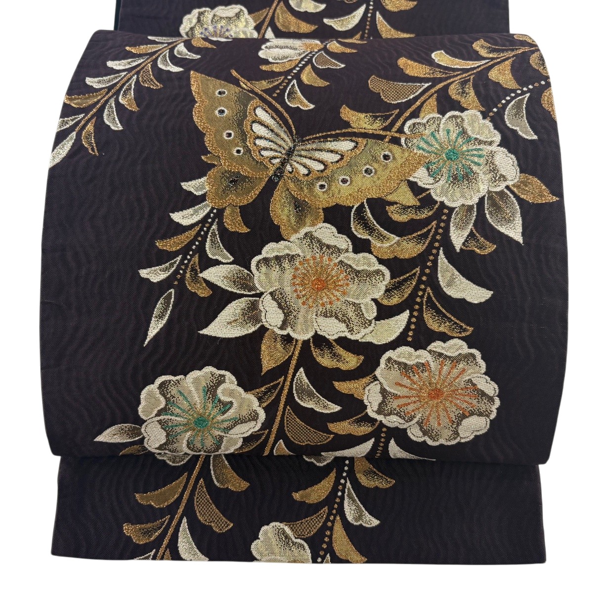 【美品】 袋帯 神品 蝶 桜 箔 金糸 濃紫 六通 正絹 【中古】