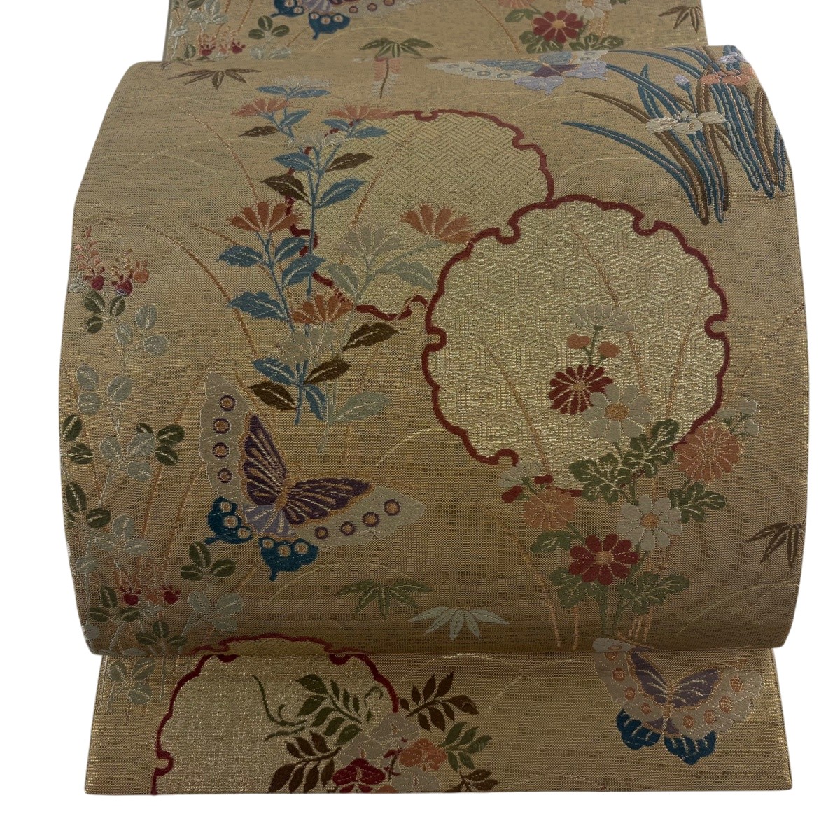 袋帯 神品 雪輪 蝶 箔 金糸 金色 六通 正絹 【中古】