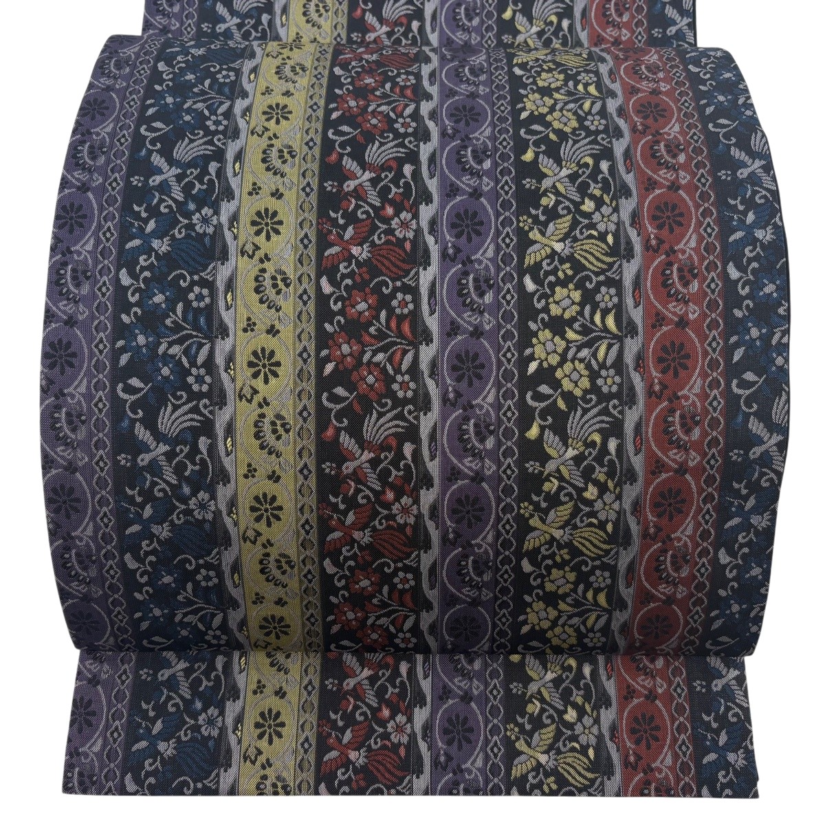 【美品】 袋帯 神品 花喰い鳥 花唐草 墨色 全通 正絹 【中古】