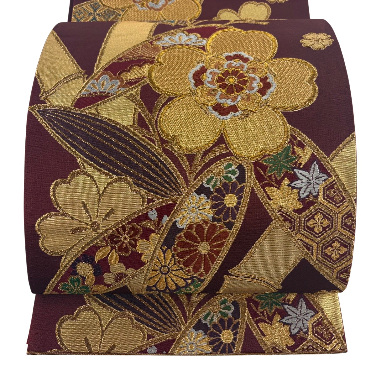 【美品】 袋帯 神品 桜 竹 金糸 箔 えんじ色 六通 正絹 【中古】