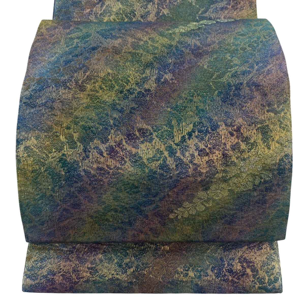 【美品】 袋帯 神品 顕花植物 霞 金糸 箔 青緑 全通 正絹 【中古】