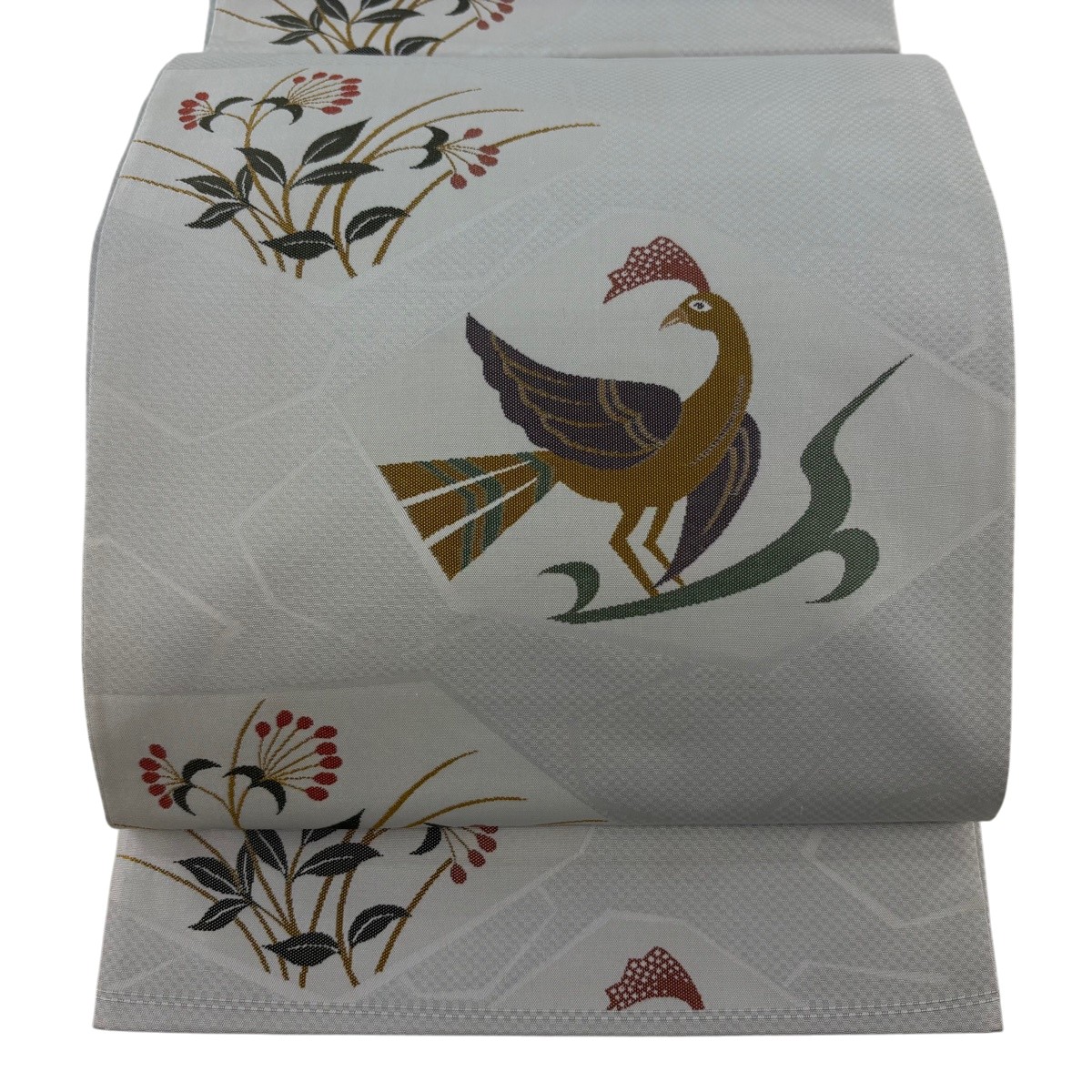 袋帯 神品 鳥 顕花植物 薄墨色 六通 正絹 【中古】