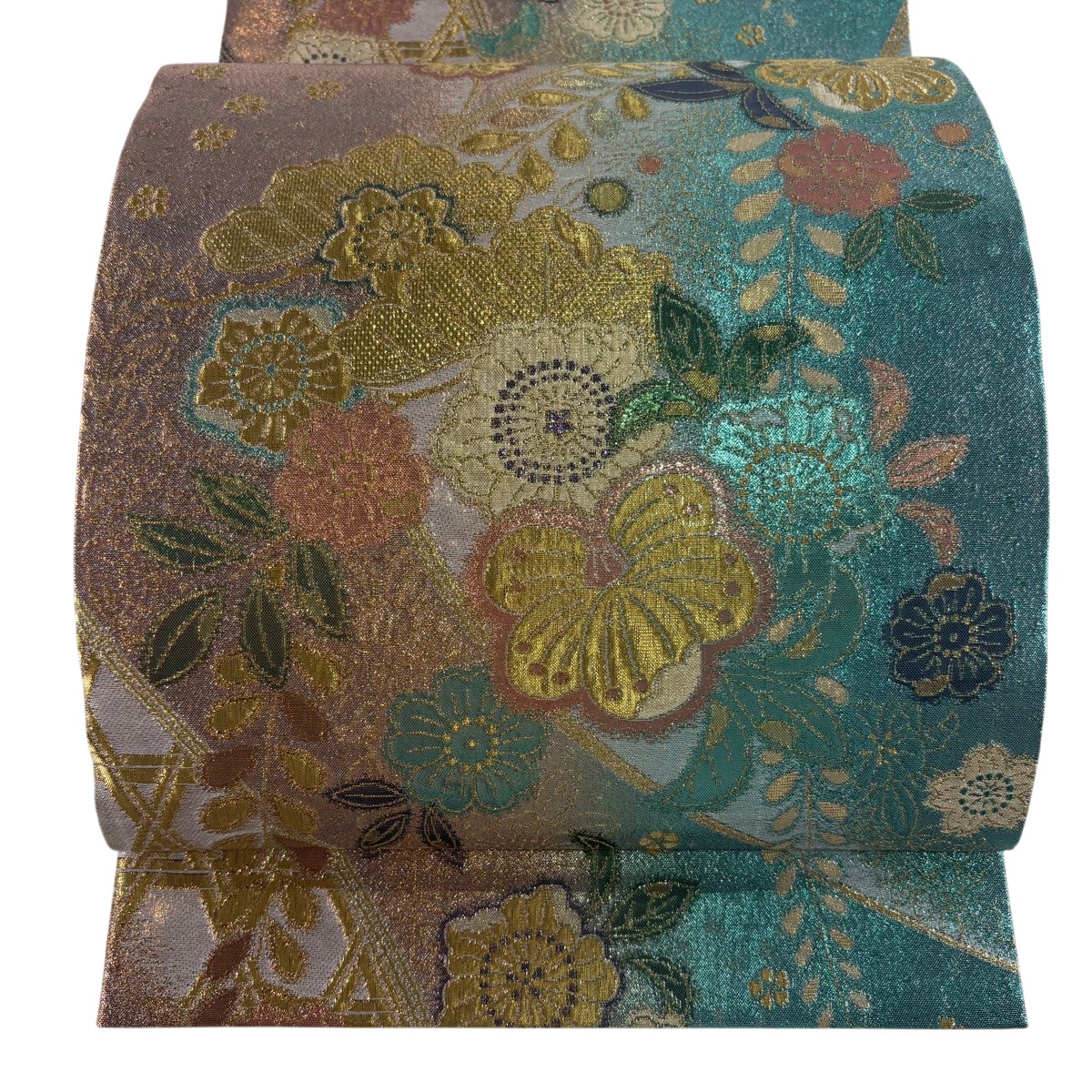 【美品】 袋帯 神品 椿 桜 箔 金糸 秋味さくら色 六通 正絹 【中古】