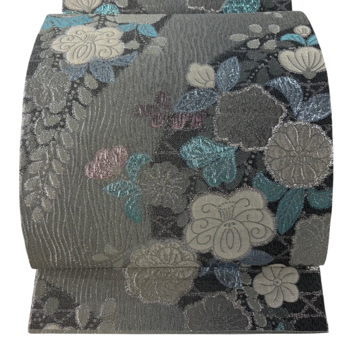【美品】 袋帯 神品 椿 桜 箔 銀糸 薄墨色 六通 正絹 【中古】