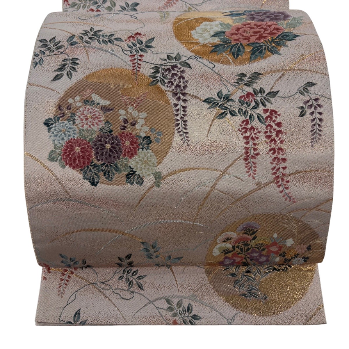【美品】 袋帯 神品 つづれ錦 流藤顕花植物文 芝 現ナマ糸 箔 さくら色 六通 正絹 【中古】