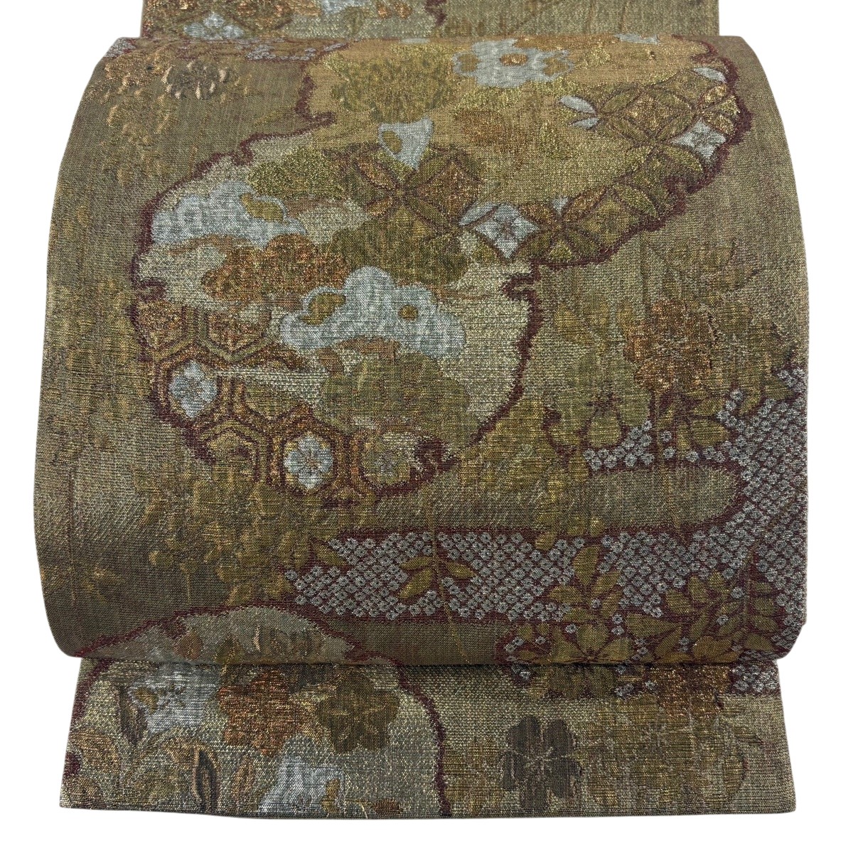 【美品】 袋帯 神品 雪輪 枝垂れ桜 金糸 箔 山吹赤銅色 六通 正絹 【中古】