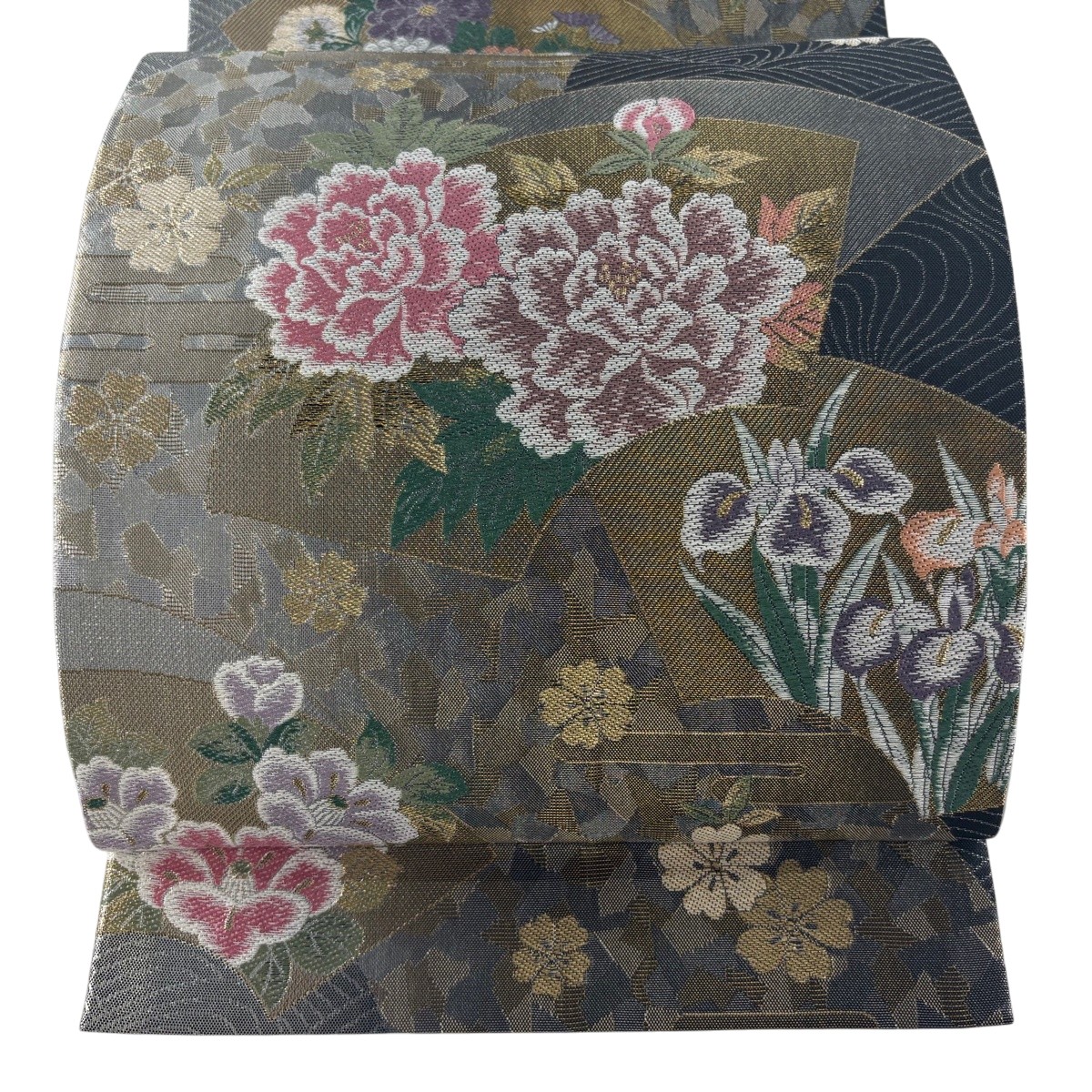【美品】 袋帯 名曲 顕花植物 扇子 現ナマ糸 箔 黒灰 六通 正絹 【中古】