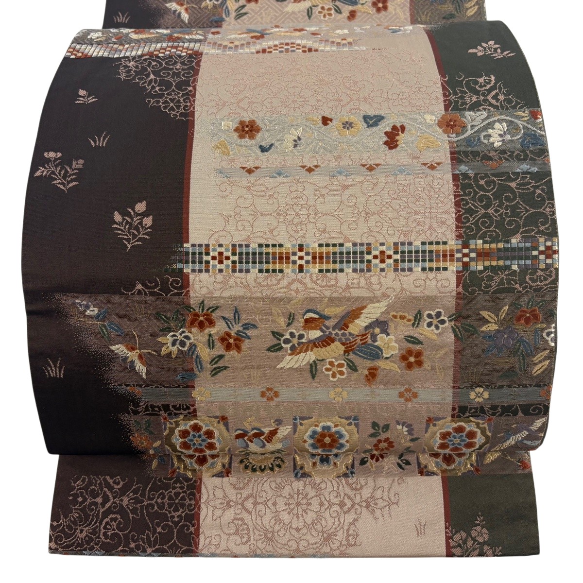 袋帯 神品 正倉院彩文 花喰い鳥 華文 箔 薄アズキ 全通 正絹 【中古】