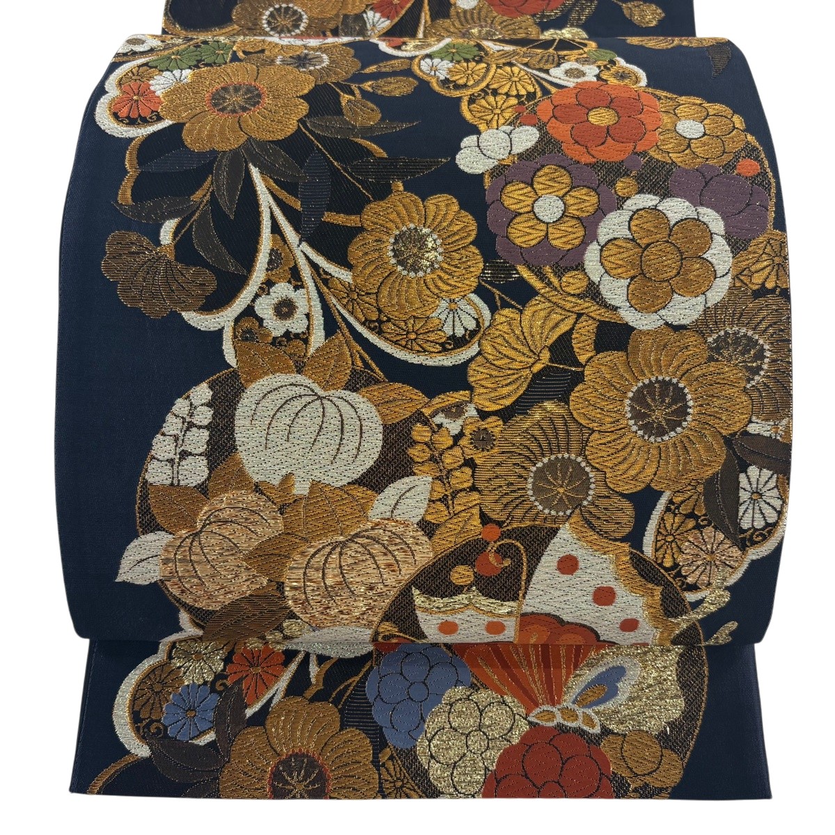 【美品】 袋帯 神品 蝶 梅 金糸 箔 濃紺色 六通 正絹 【中古】