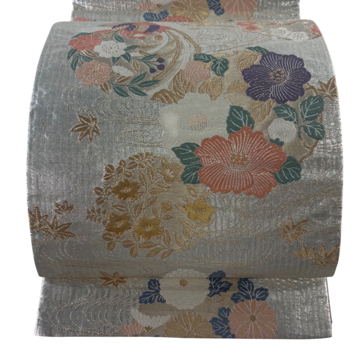 【美品】 袋帯 名曲 花丸文 花鳥 金糸 箔 しろがね色 六通 正絹 【中古】