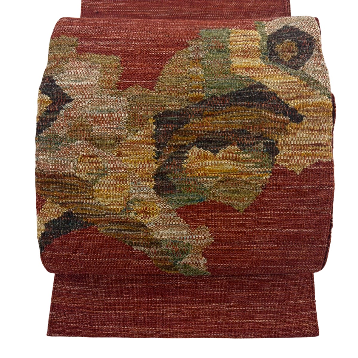 【美品】 名古屋帯 神品 八寸名古屋帯 松葉仕立てもの 幾何学学 縞 赤茶 正絹 【中古】