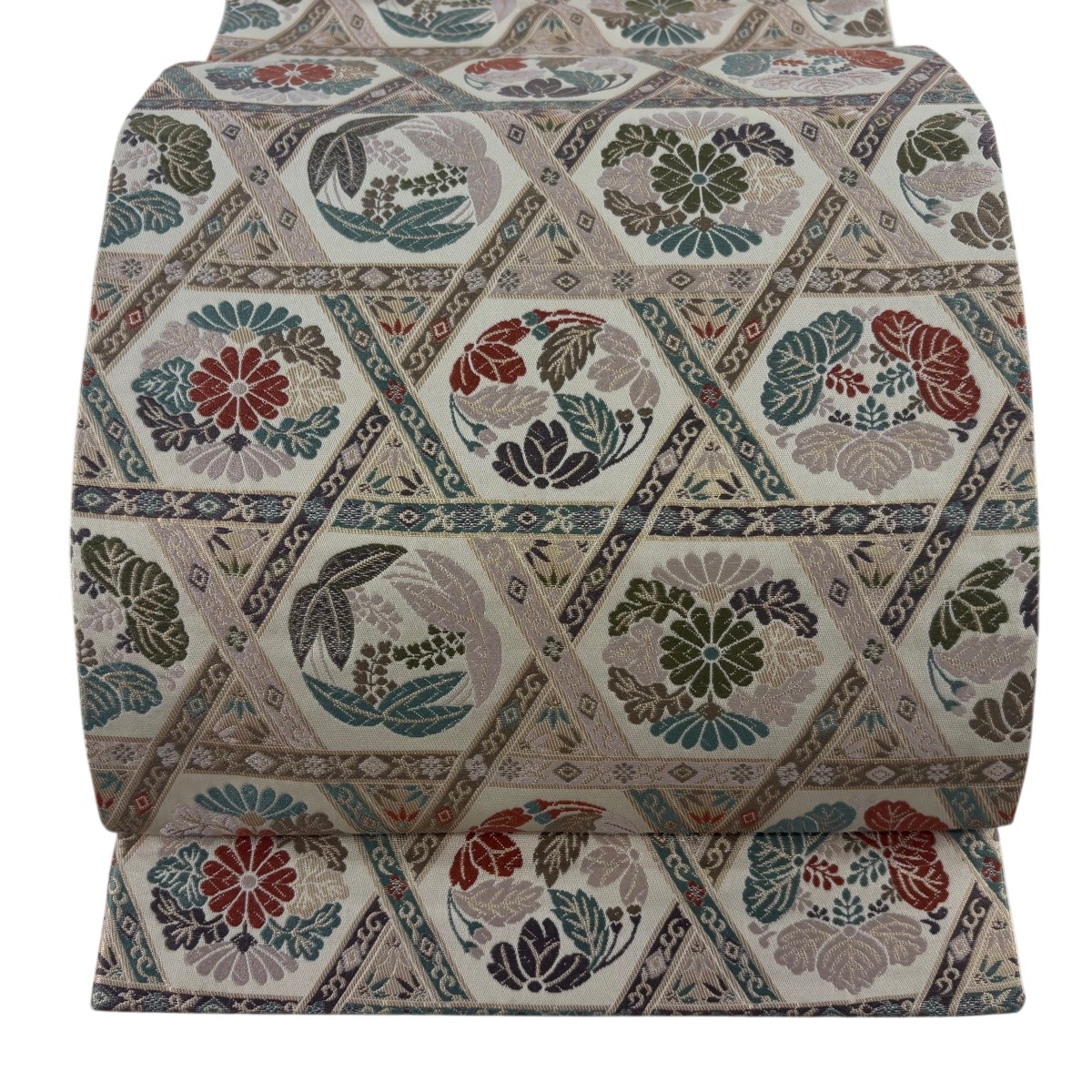 【美品】 袋名古屋帯 神品 花丸文 間垣 箔 ベージュ 正絹 【中古】