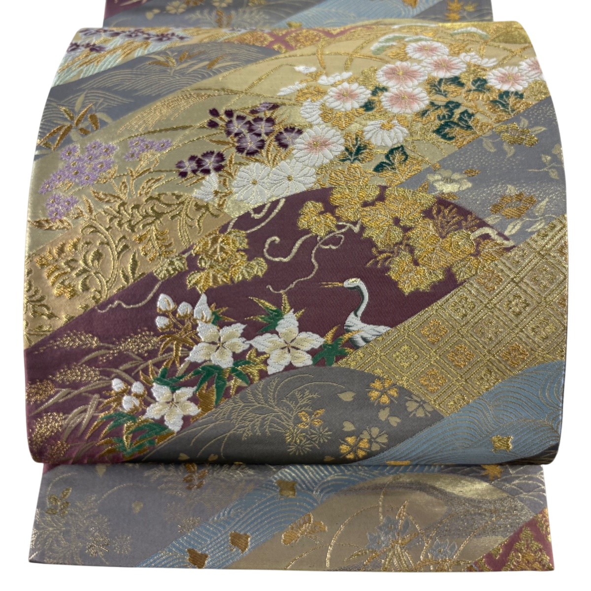 袋帯 神品 秋草 鶴 金糸 箔 灰紫 六通 正絹 【中古】