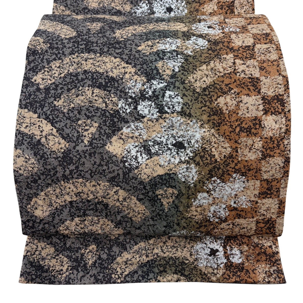 袋帯 神品 花 青海波 灰茶 六通 正絹 【中古】