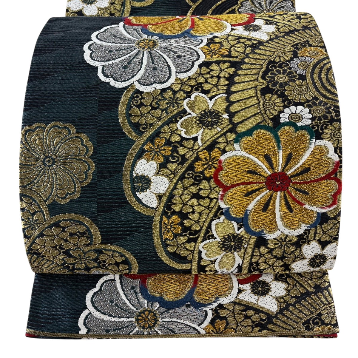 袋帯 神品 振袖方位 花 唐草 現ナマ糸 唐織 深緑 六通 正絹 【中古】