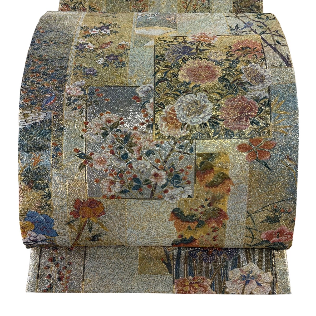 袋帯 神品 短冊 花鳥 箔 金色 お太鼓柄 正絹 【中古】