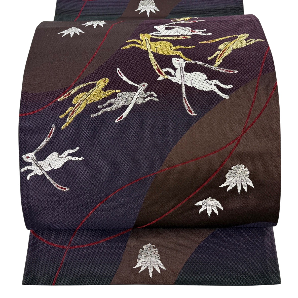 袋帯 神品 うさぎ 笹 現ナマ糸 焦茶色 六通 正絹 【中古】