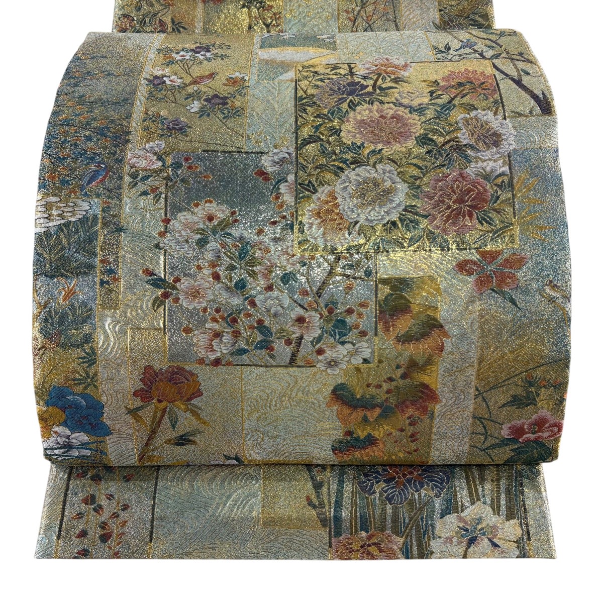 【美品】 袋帯 神品 短冊 花鳥 箔 金色 お太鼓柄 正絹 【中古】
