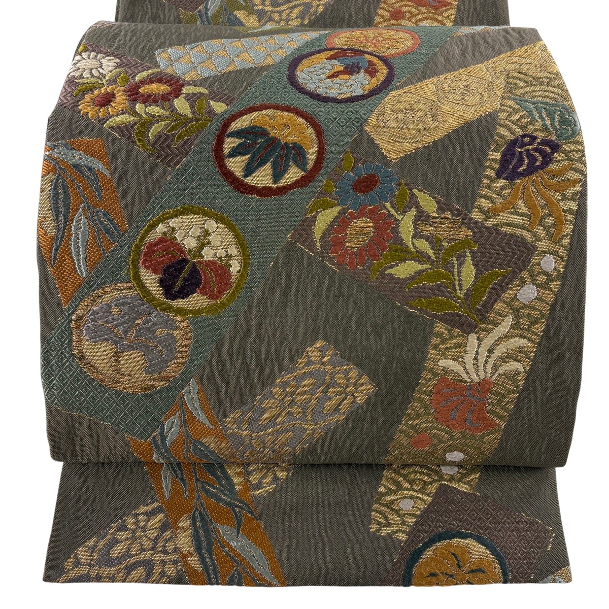 【美品】 袋帯 神品 鎌倉紋 顕花植物 箔 刺しゅう 赤銅色 六通 正絹 【中古】
