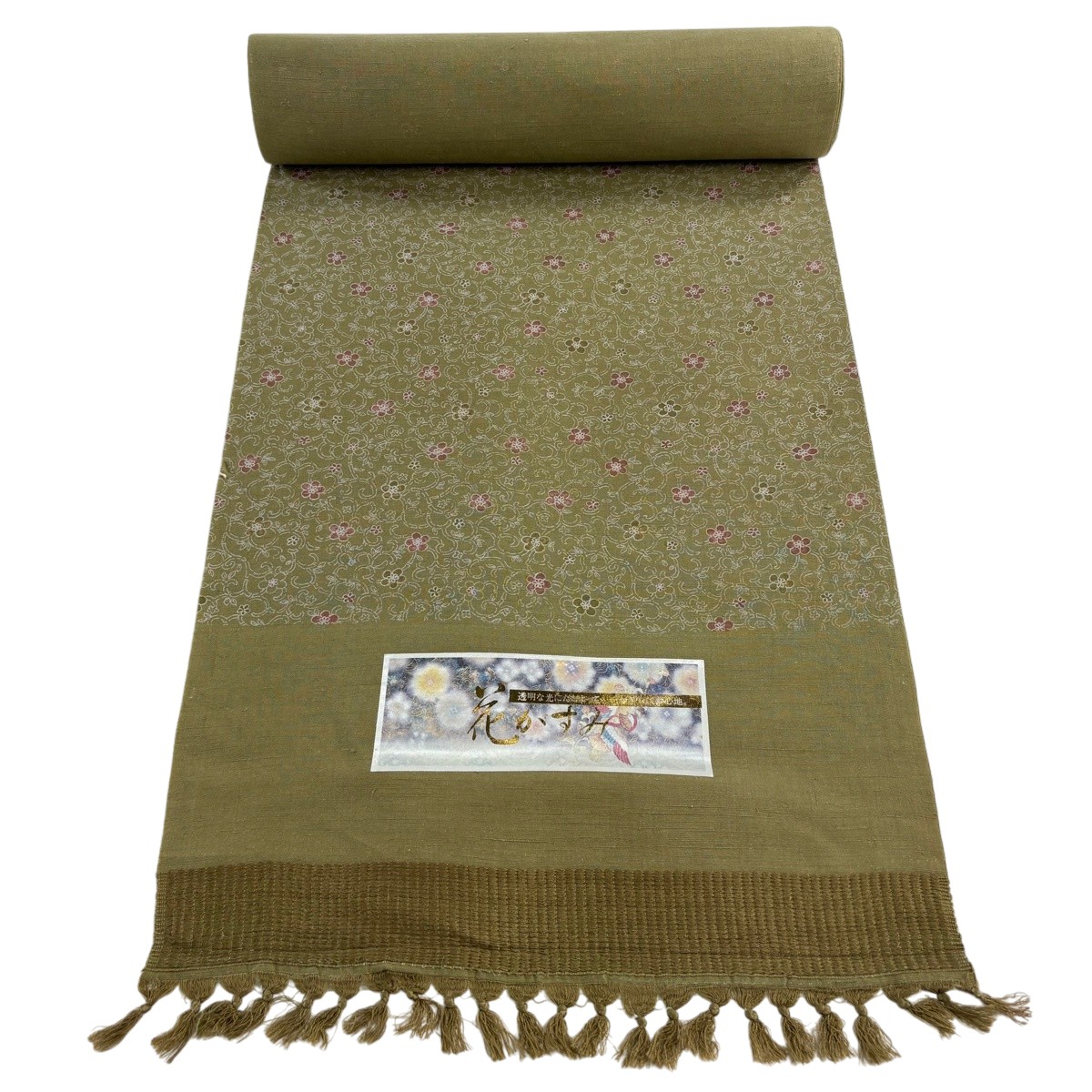 布切れ 秀品 小紋 紬地 花唐草 茶緑であること 正絹 【中古】