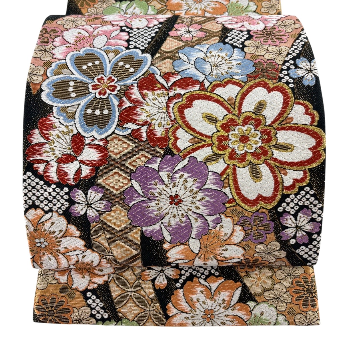 【美品】 袋帯 秀品 桜 七宝 金糸 箔 黒 六通 正絹 【中古】