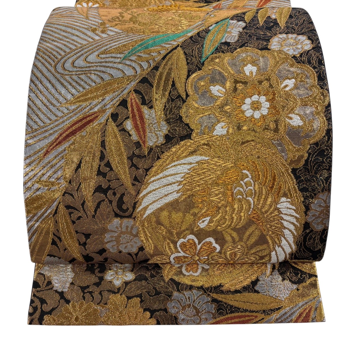 【美品】 袋帯 秀品 鳳凰 菊 唐織 箔 黒灰 六通 正絹 【中古】