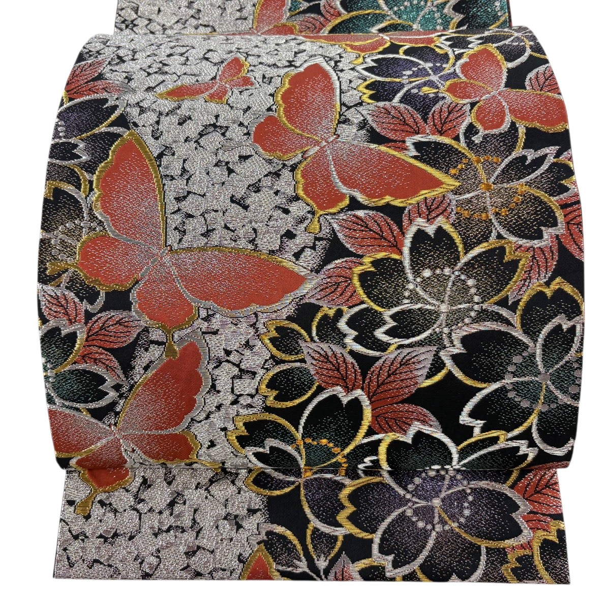 【美品】 袋帯 秀品 蝶 桜 唐織 箔 黒 六通 正絹 【中古】