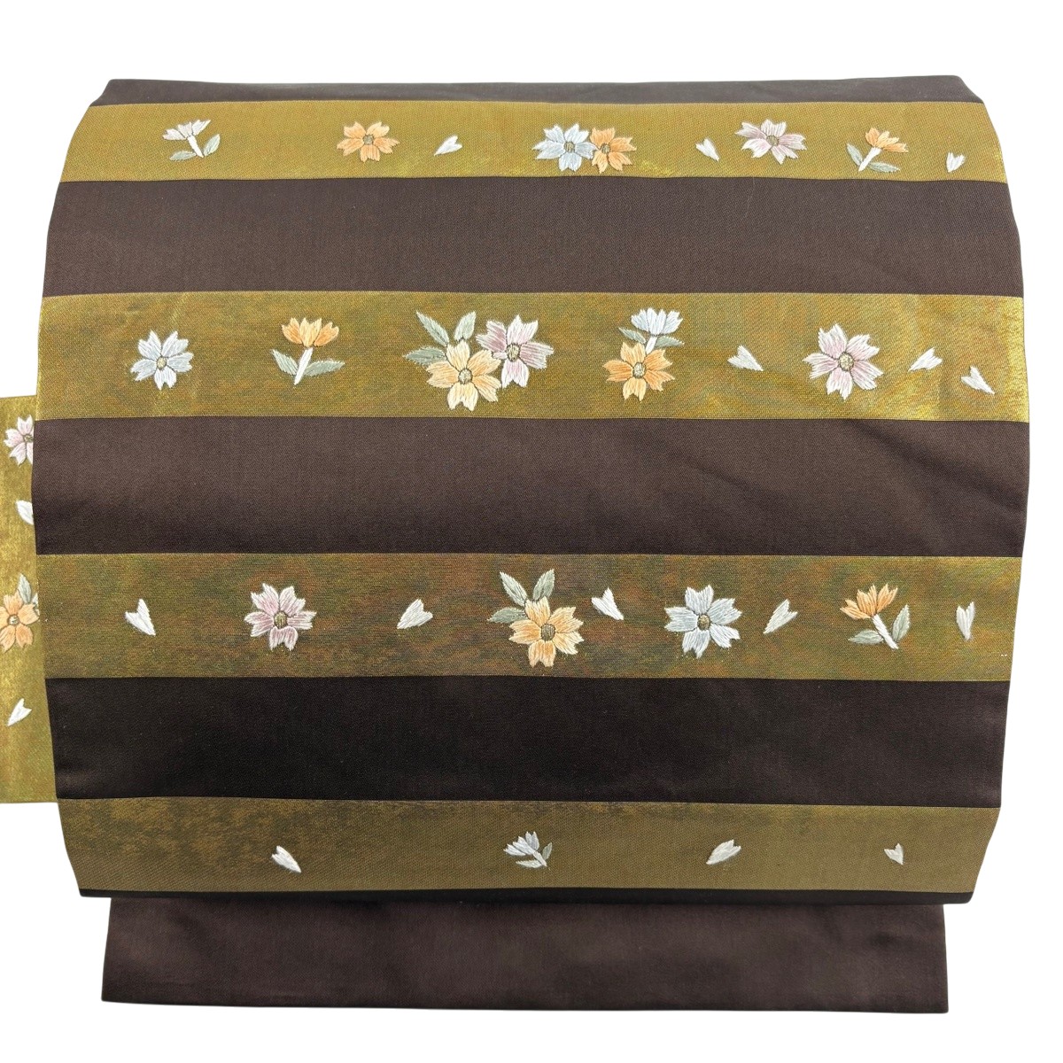 【美品】 名古屋帯 秀品 ますいわ屋 桜 縞 刺しゅう 箔 焦茶色 正絹 【中古】