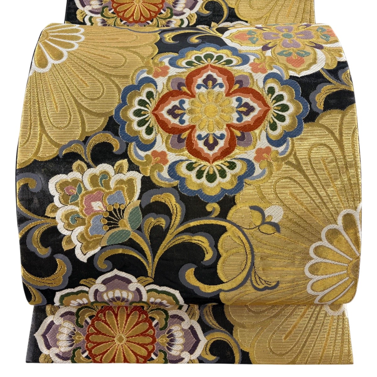 【美品】 袋帯 秀品 振袖針路 華文 花唐草 金糸 箔 黒灰 六通 正絹 【中古】