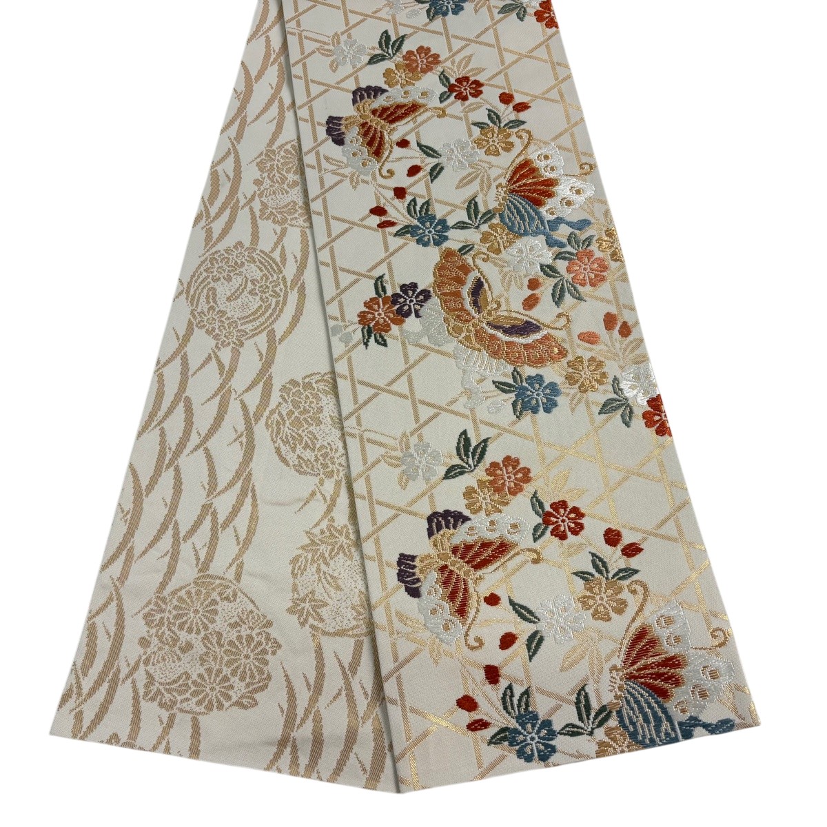 【美品】半幅帯 秀品 蝶 桜 金糸 唐織 皮膚軟化剤 正絹 【中古】
