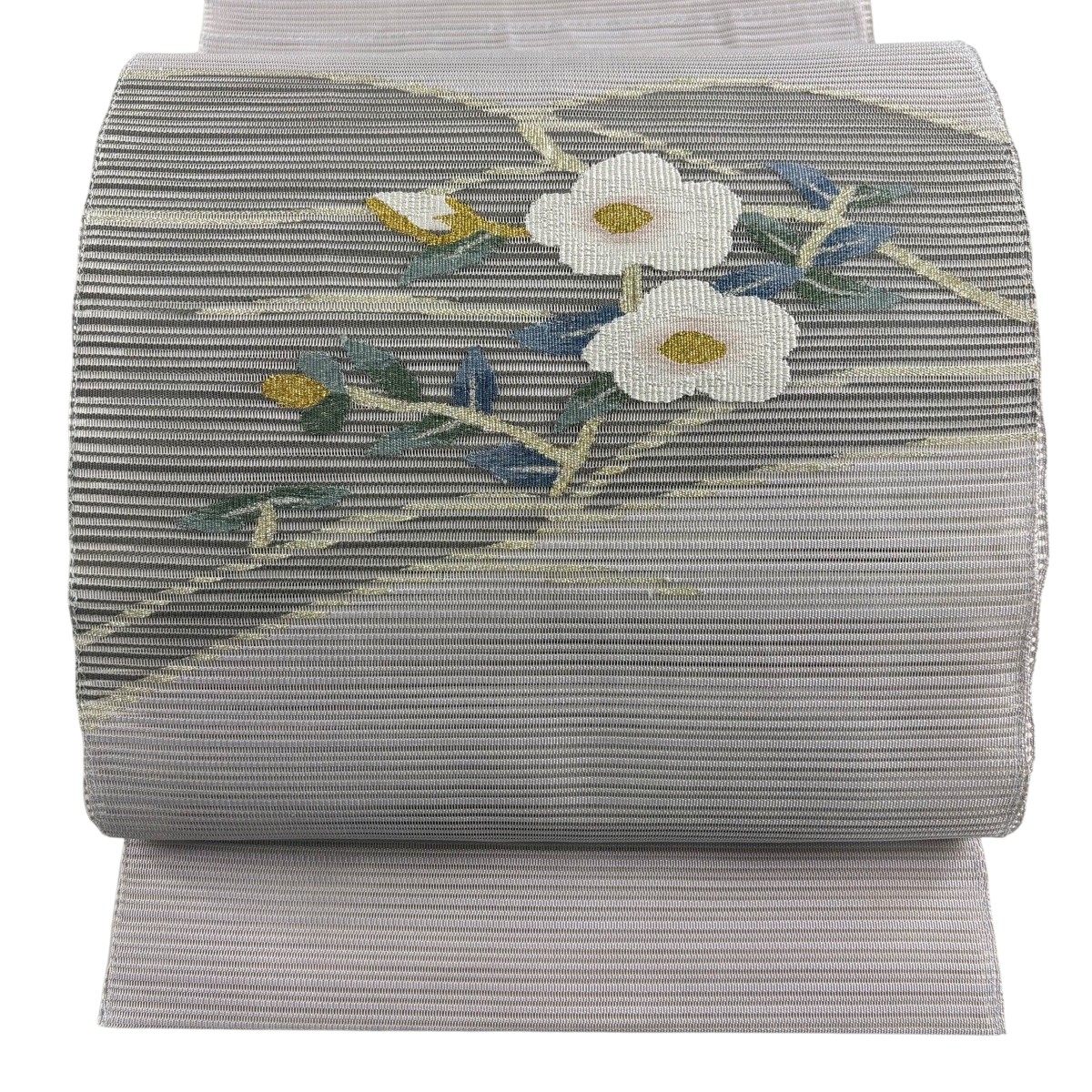 名古屋帯 秀品 夏帯 絽 松葉仕立てもの 八寸名古屋帯 顕花植物 金糸 灰紫 正絹 【中古】