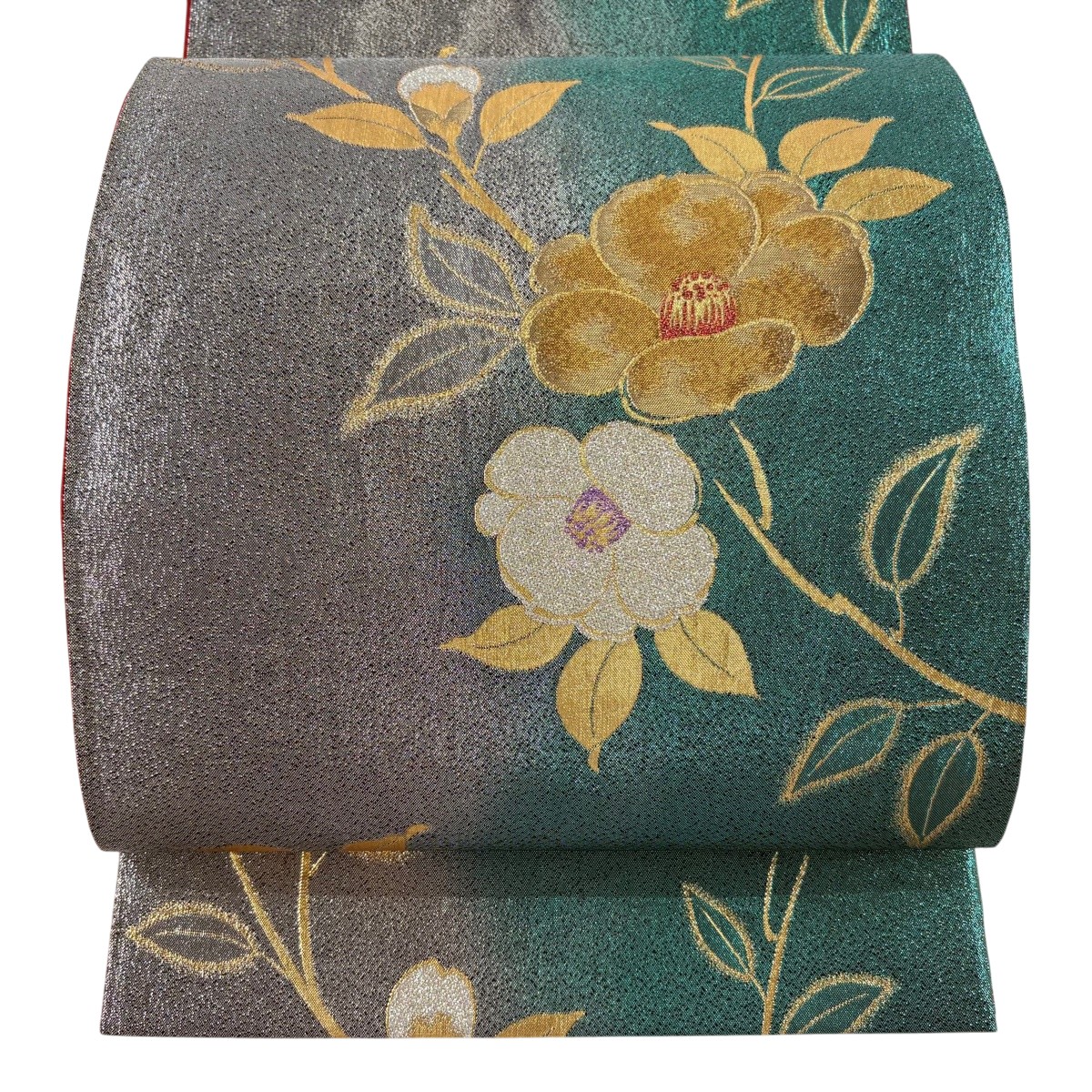 【美品】 袋帯 秀品 椿 金糸 箔 青緑 六通 正絹 【中古】