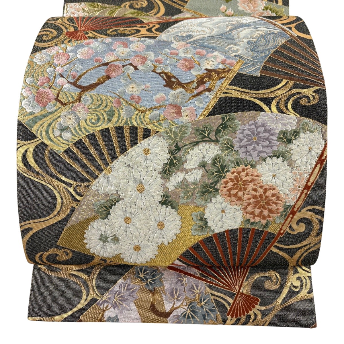 【美品】 袋帯 秀品 扇 顕花植物 金糸 箔 黒灰 六通 正絹 【中古】