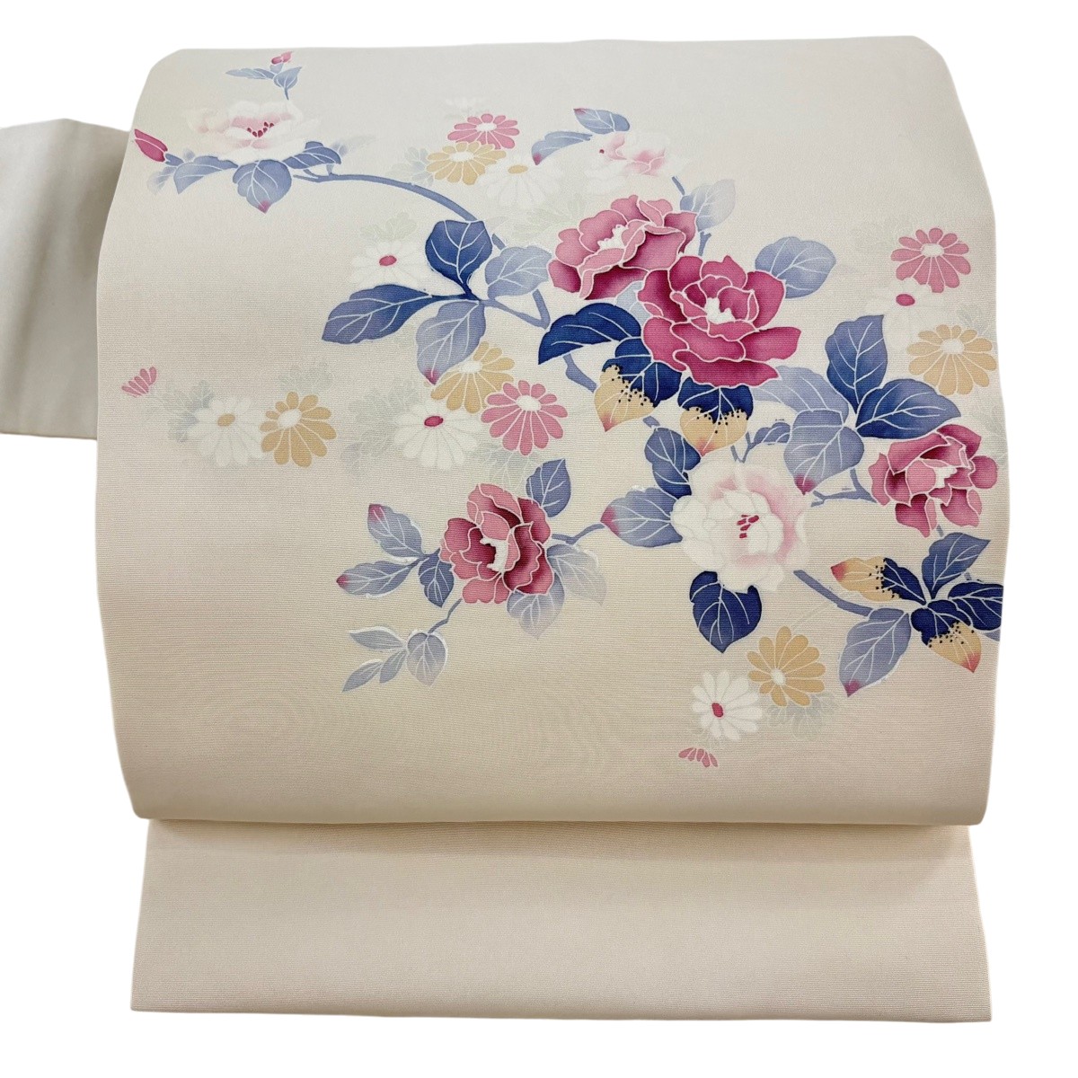 【美品】 名古屋帯 秀品 名取り草 菊 灰白 正絹 【中古】