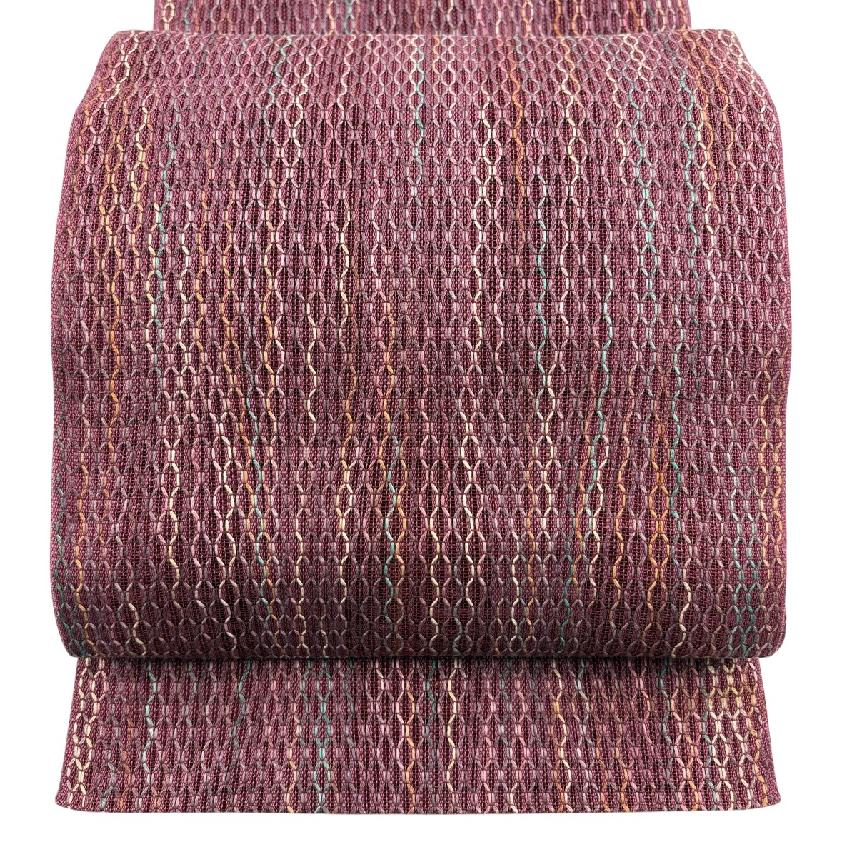 名古屋帯 秀品 水平坑仕立てもの 夏帯 幾何学学 赤紫 正絹 【中古】