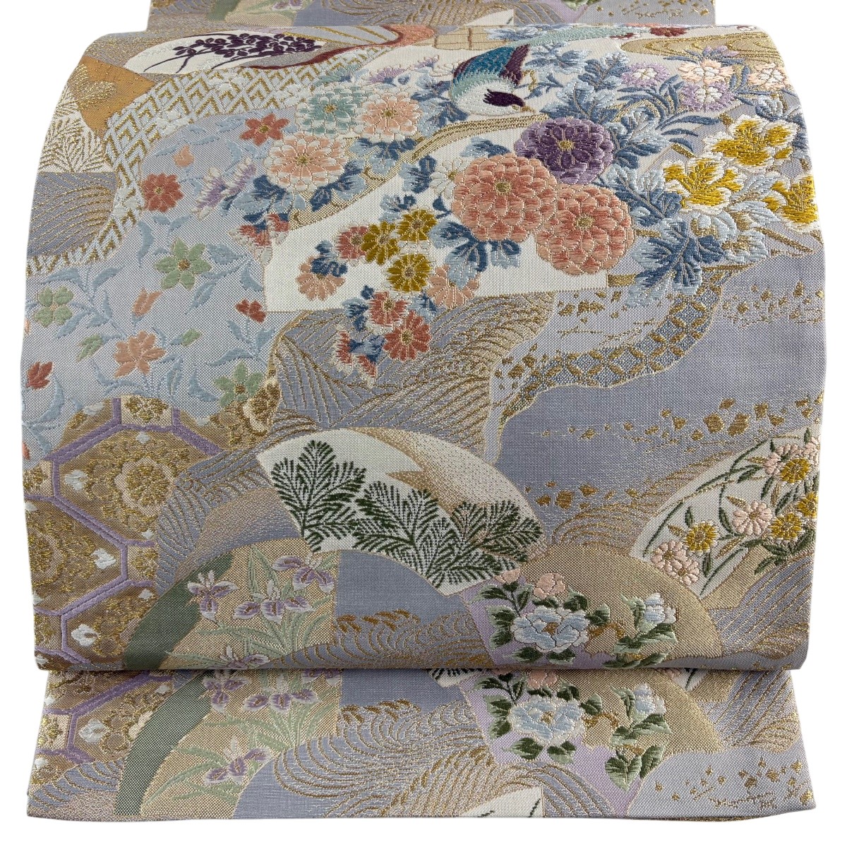 袋帯 神品 花鳥 扇 金糸 箔 青薄墨色 六通 正絹 【中古】