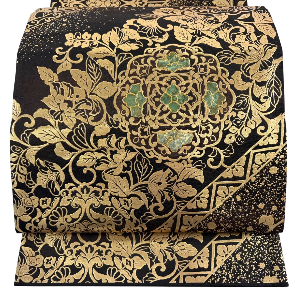 袋帯 神品 華文 花唐草 螺鈿 金彩 黒 お太鼓柄 正絹 【中古】