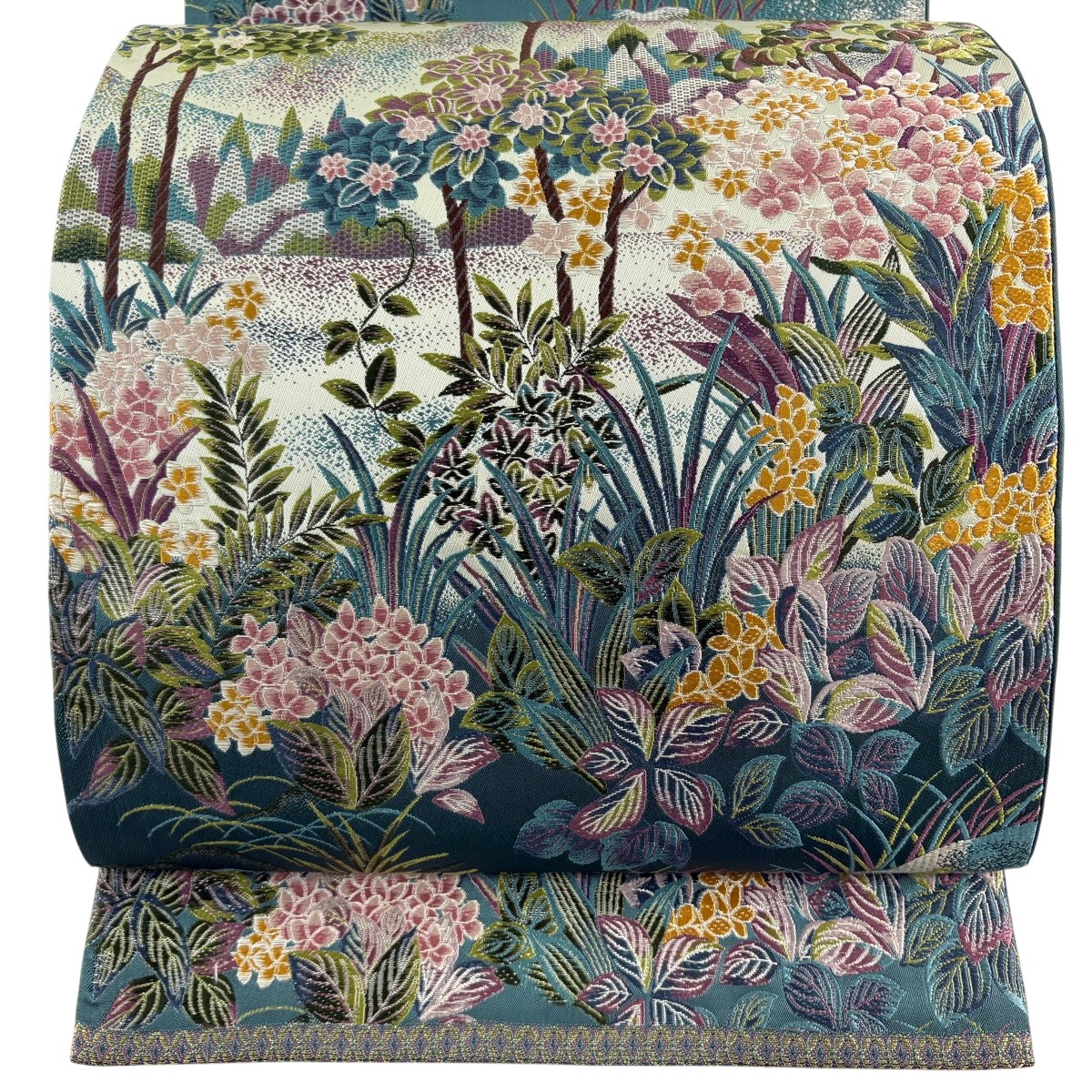 袋帯 神品 顕花植物 枝花 緑 六通 正絹 【中古】