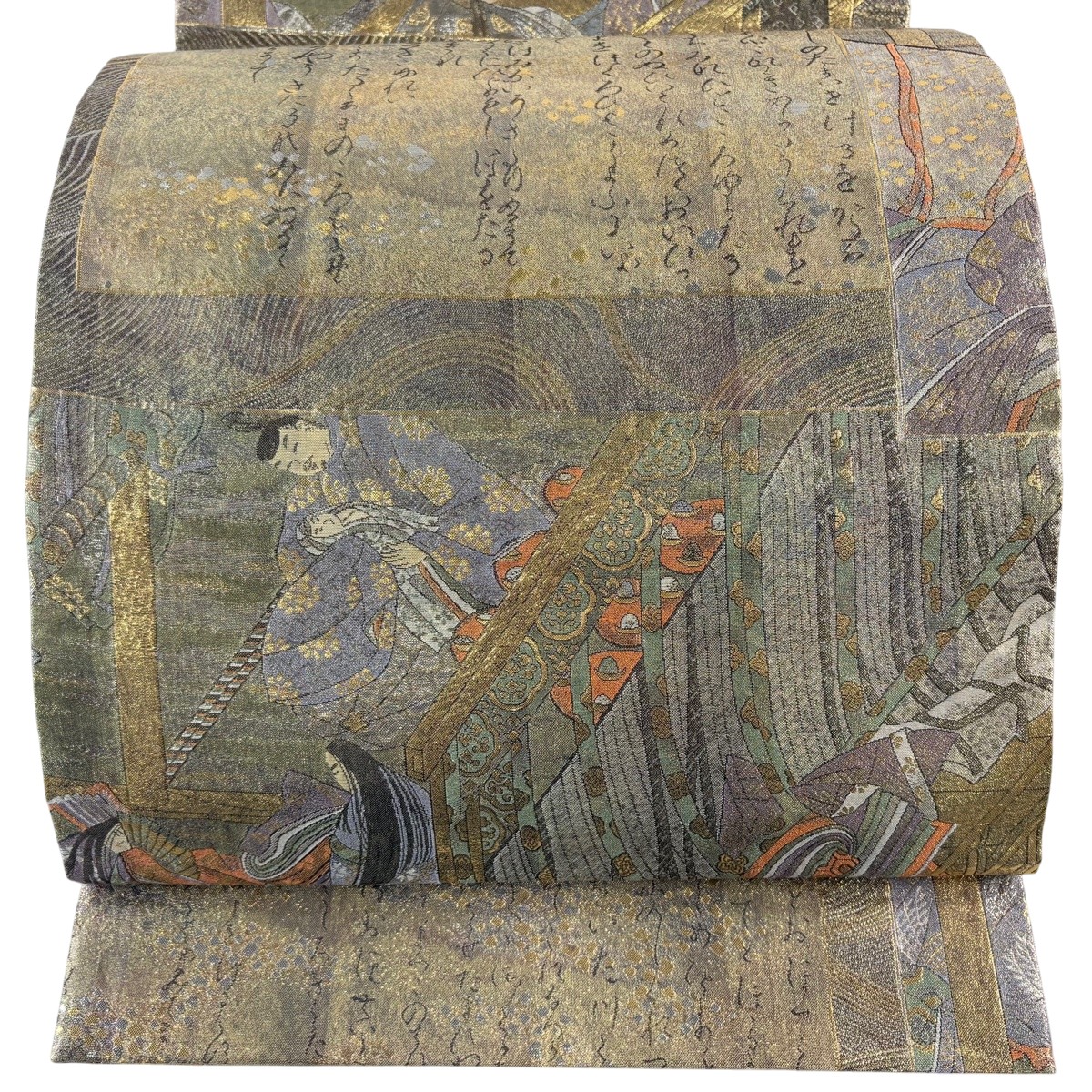 丸帯 神品 源氏物語軍用地図 箔 金色 お太鼓柄 正絹 【中古】